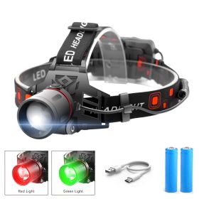 T6 white light green light red light zoom headlight (Option: Red-2battery)