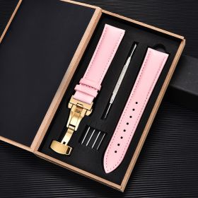 Unisex Double-sided Head Layer Cowhide Buckle Type Leather Watch Strap Bow Buckle Premium Needle Pattern (Option: Pink-Gold-22mm)